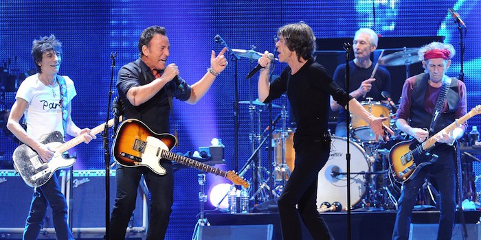 Musician Bruce Springsteen, center left, performs with, from left, Ronnie Wood, Mick Jagger, Charlie Watts and Keith Richards of The Rolling Stones at the Prudential Center in Newark, NJ on Saturday, Dec. 15, 2012. (Photo by Evan Agostini/Invision/AP)